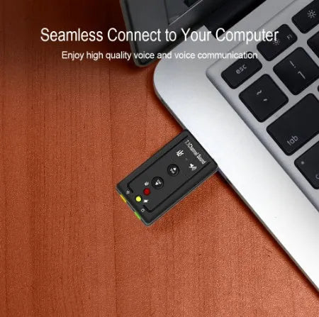 Black external USB sound card with 3.5mm headphone and microphone jacks for PC laptop computer audio adapter
