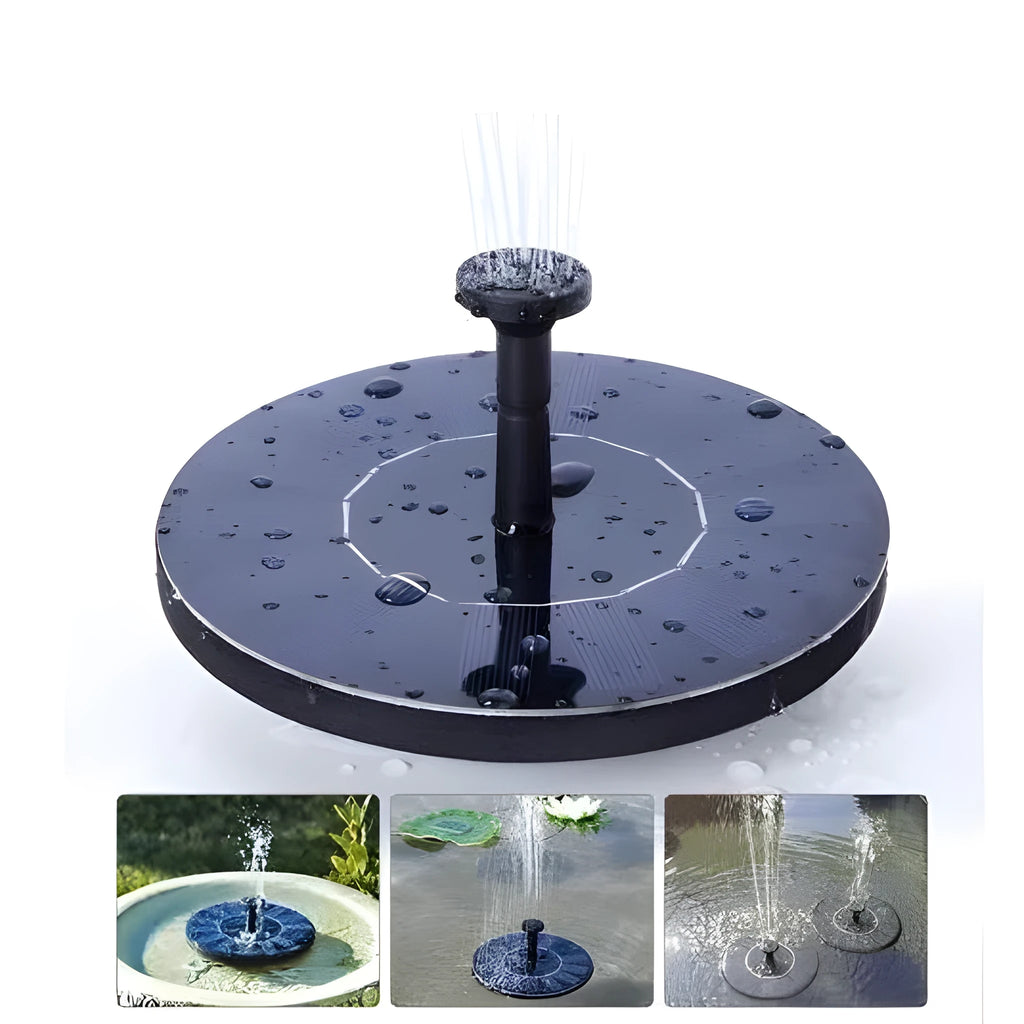 Black solar floating fountain pump with four spray nozzles for garden ponds and water features