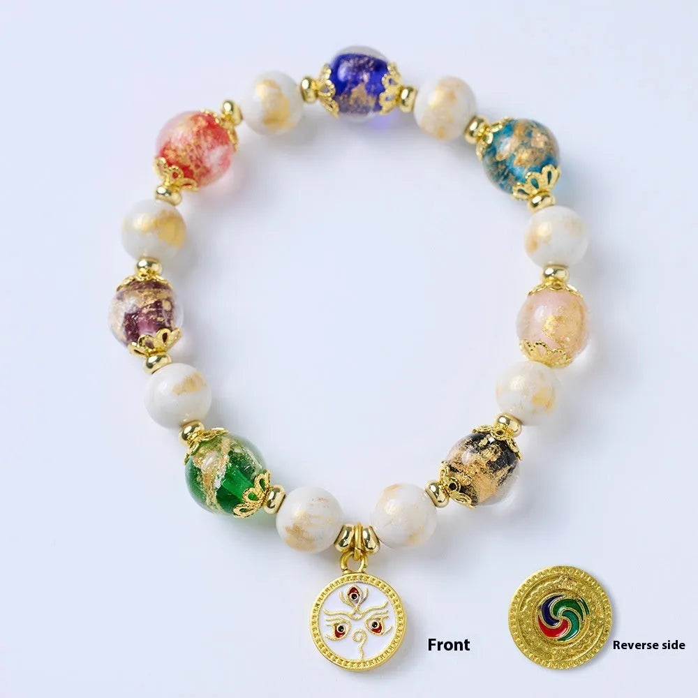 Handmade coloured glaze glass bracelet with Five Gods of Wealth geometric design in blue, green, red, white, or yellow.