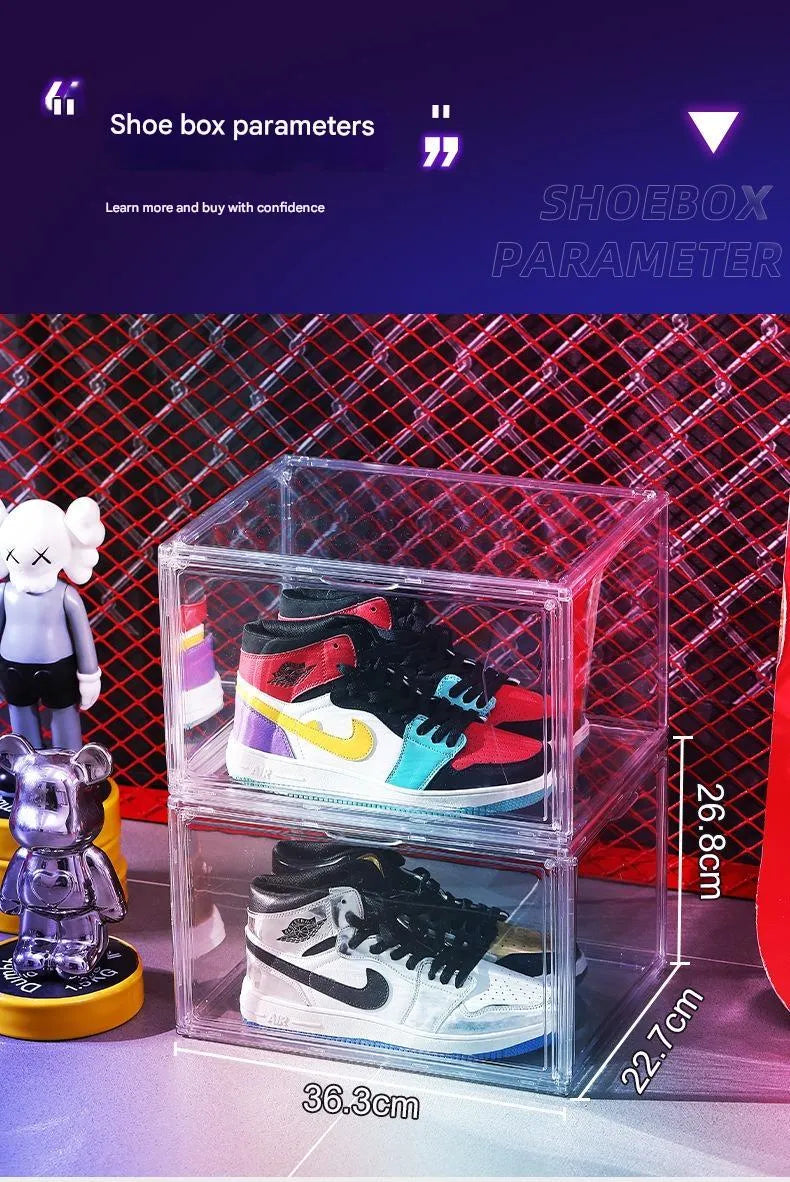 Large transparent acrylic shoe storage box with magnetic door and lid.