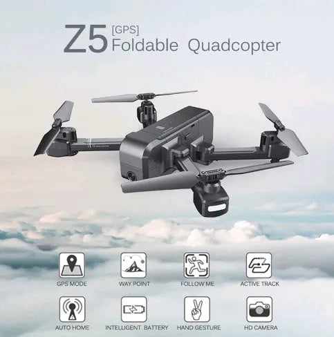 Black folding quadcopter drone with 1080P WiFi FPV camera, GPS return, folded size 14.5 x 10 x 6.5 cm