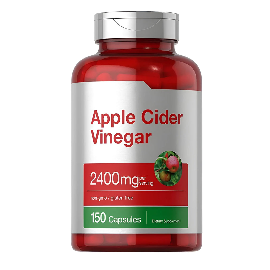 Bottle of 150 apple vinegar health supplement capsules on a white background.