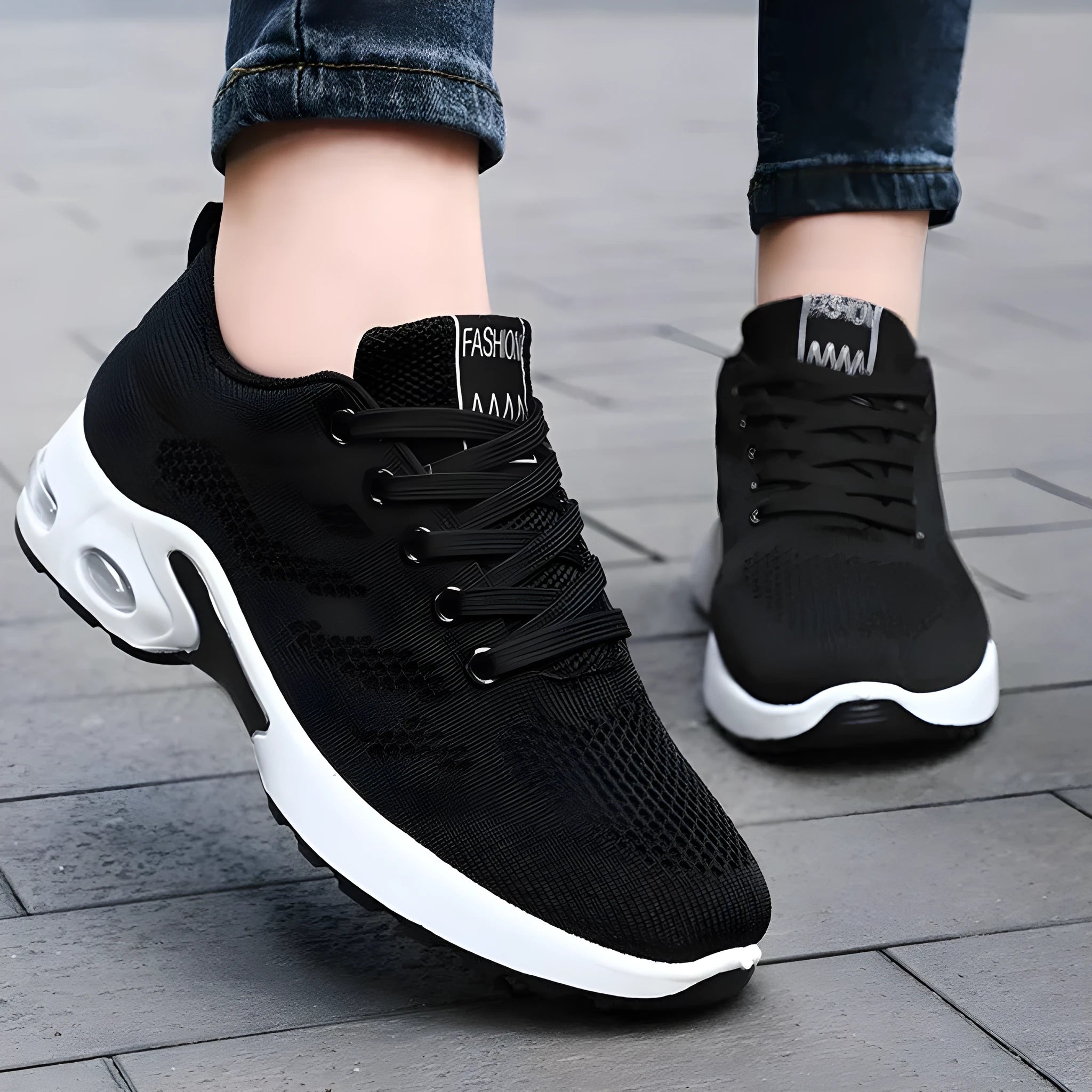 Breathable soft sole women's sneakers in 814 black with mesh lining, PVC sole, low heel, and round toe design