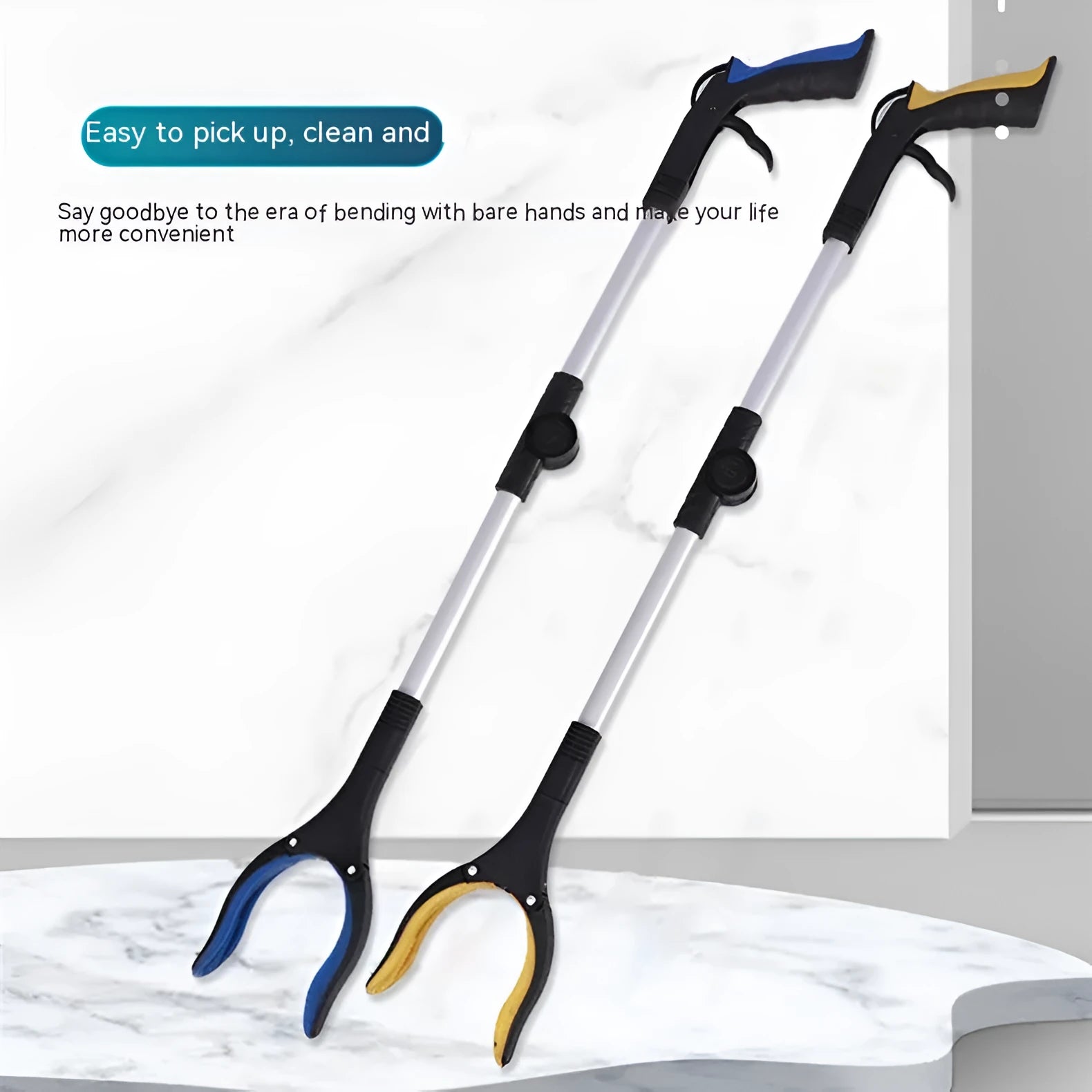 Foldable silver aluminium garbage clamp with blue handle, shown extended and with magnet sucker.