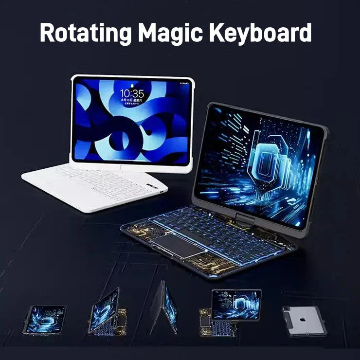 Versatile 360-degree swivel keyboard case with transparent backplate, scissor-style keys, and integrated trackpad for iPad