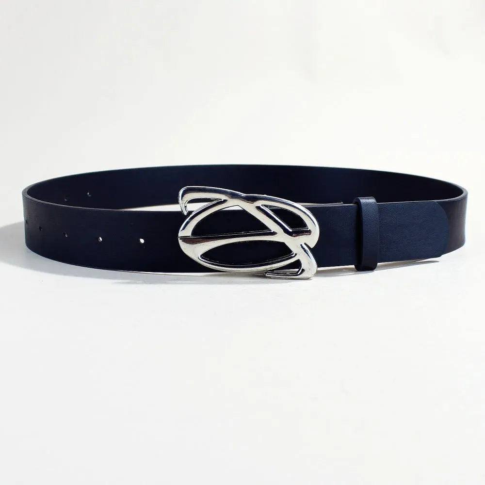 Casual silver buckle PU leather belt with snap button fastening, shown at 105cm length.