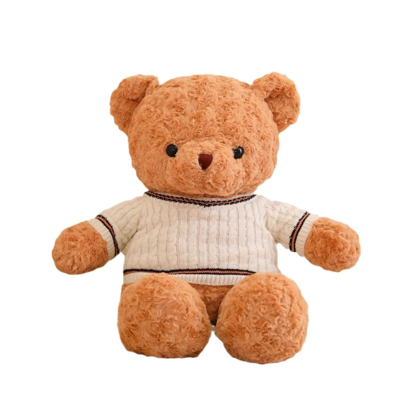 White sweater teddy bear plush doll with PP cotton filling and cloth velvet cover, shown in front view