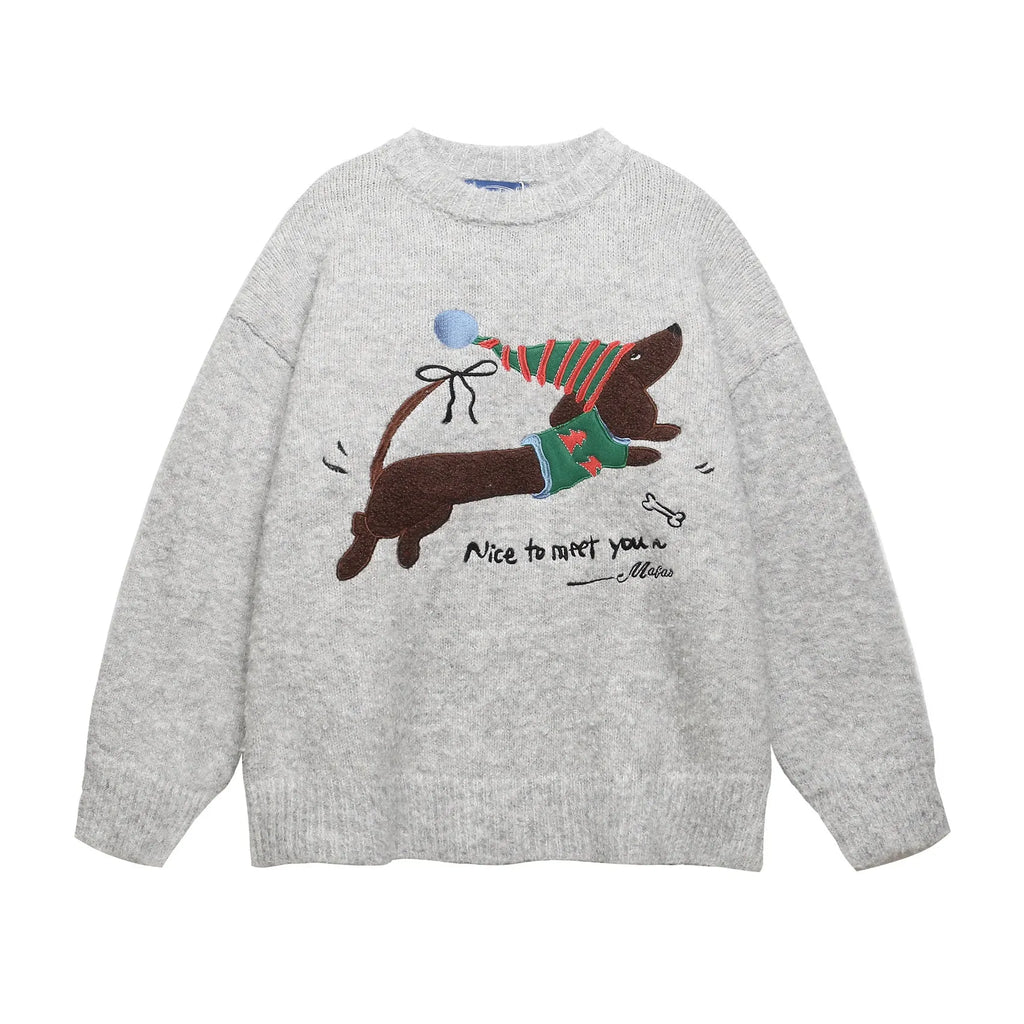 Gray loose-fit pullover sweater with American retro Christmas hat puppy embroidery for teenagers