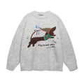 Gray loose-fit pullover sweater with American retro Christmas hat puppy embroidery for teenagers