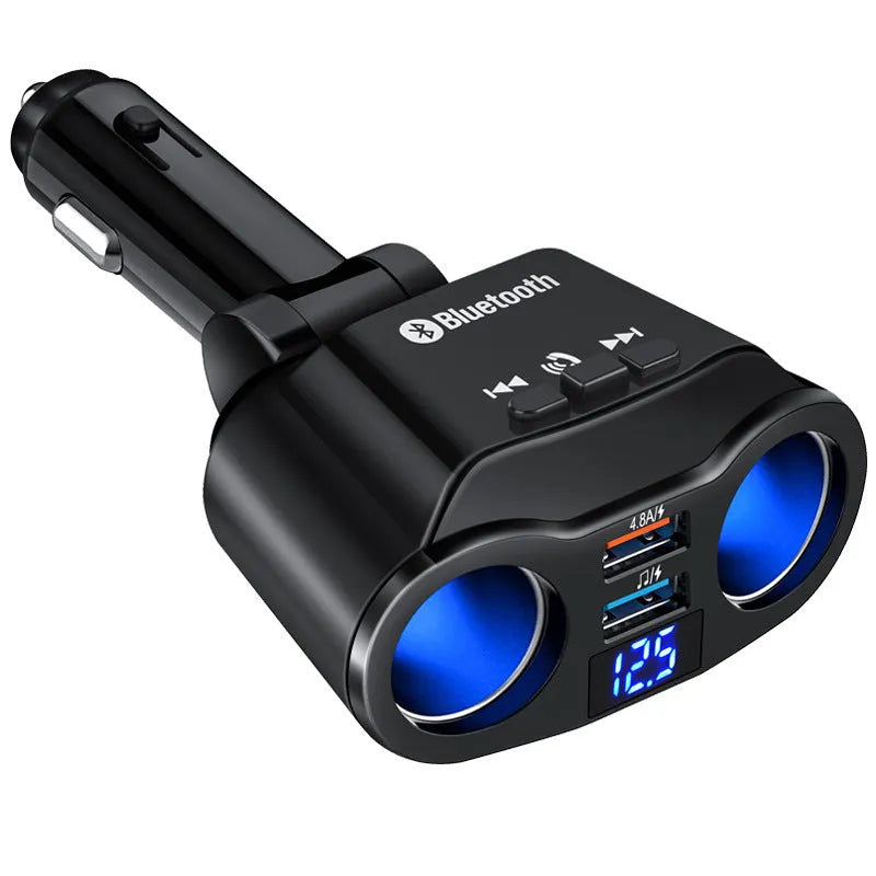 Black car Bluetooth FM transmitter plugged into a vehicle cigarette lighter socket