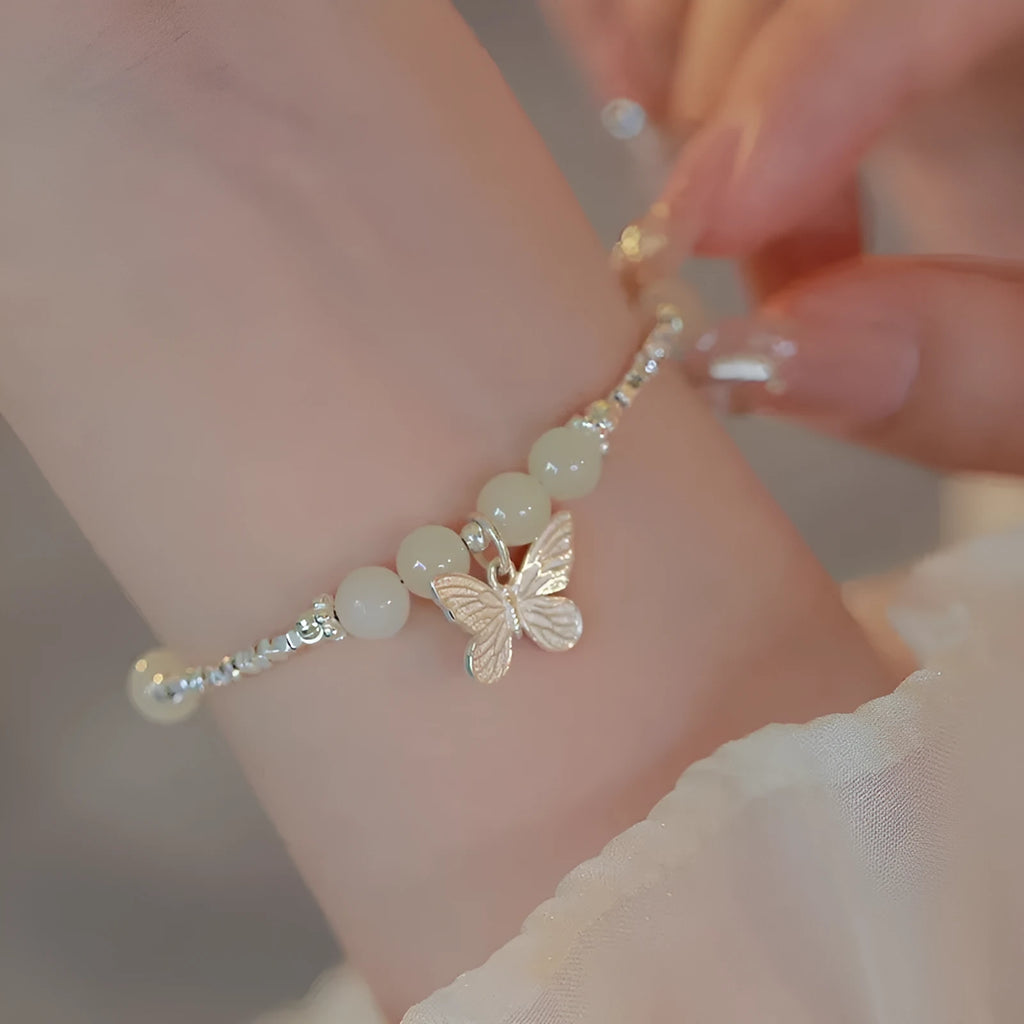 Hetian jade butterfly bracelet and necklace set for women with silver electroplated finish