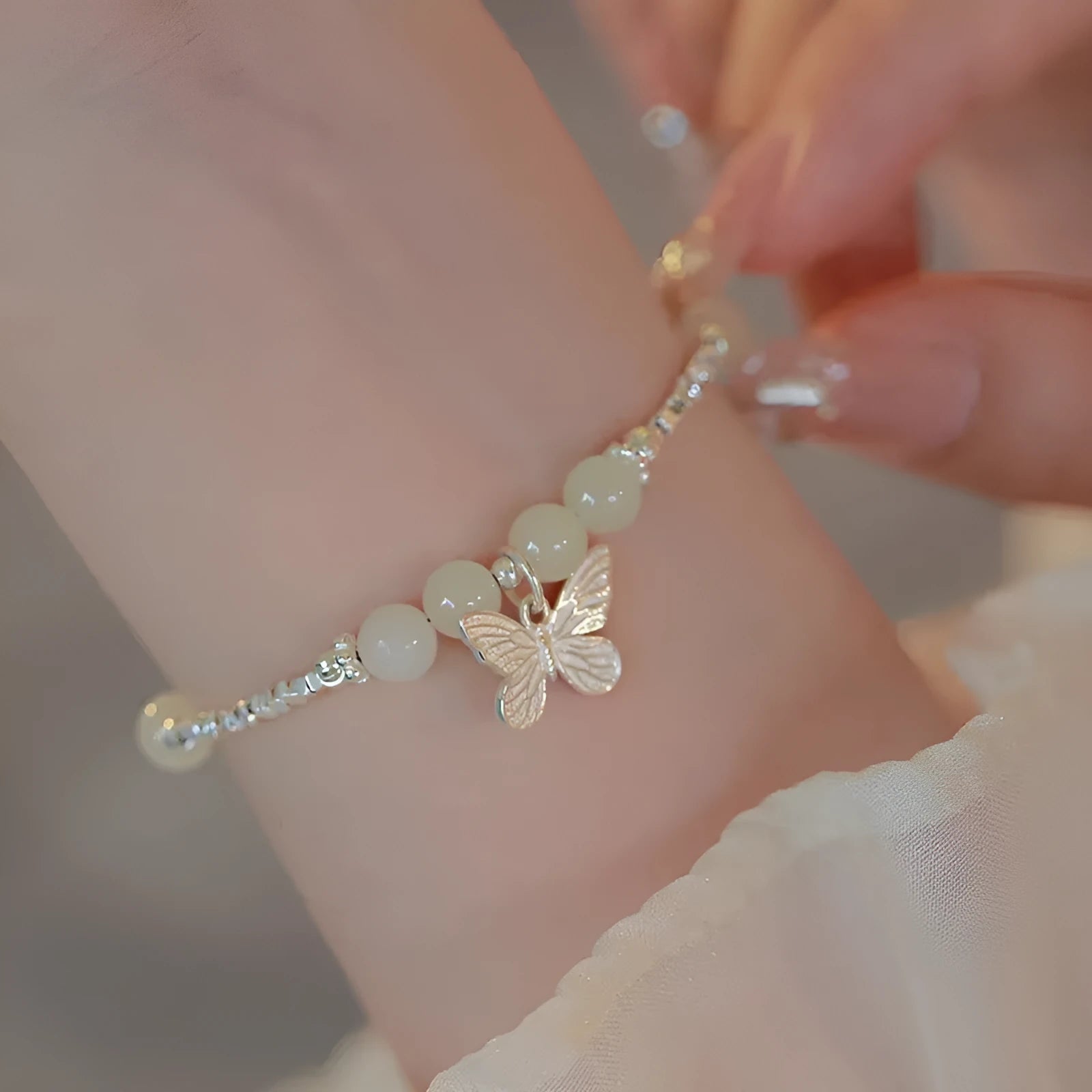 Hetian jade butterfly bracelet and necklace set for women with silver electroplated finish