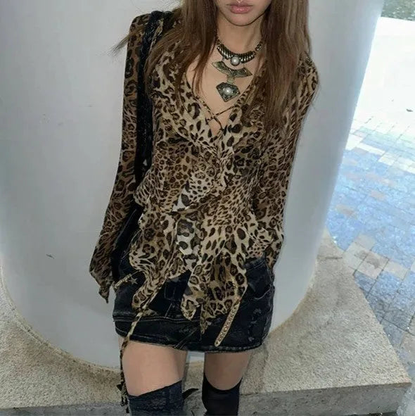 Leopard print V-neck long sleeve slim fit polyester top for women with tie front