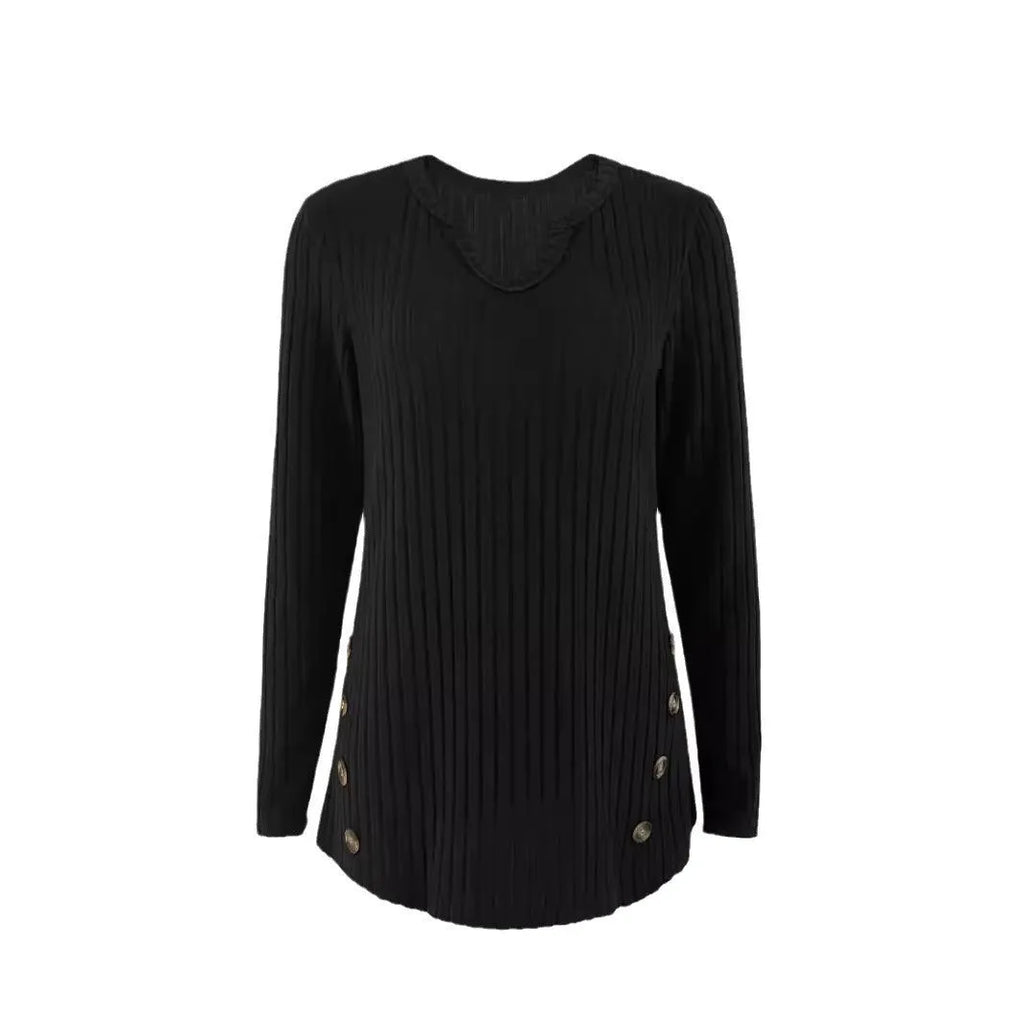 A simple solid colour knitted pullover sweater with button detailing on the front.
