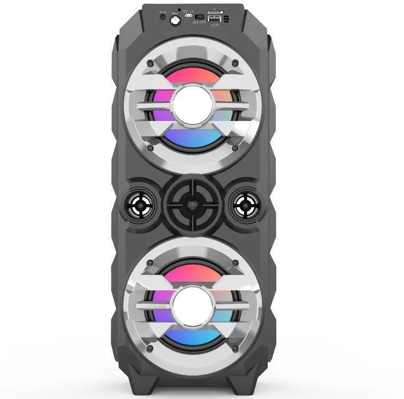 Blue portable Bluetooth speaker with colour LED lights and pull rod handle for carrying