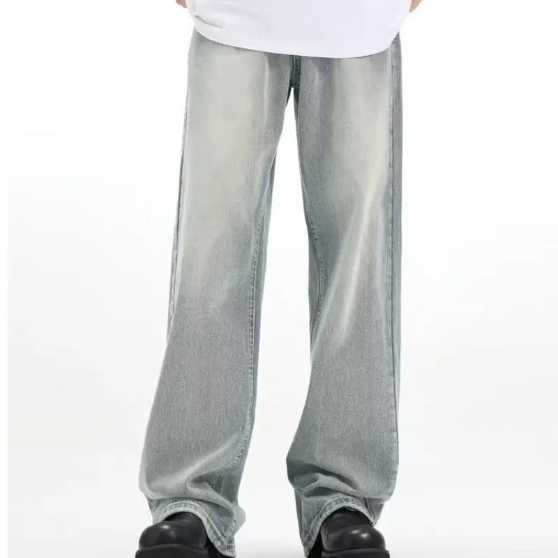Blue retro-style loose casual trousers made from rabbit fur on a size chart.