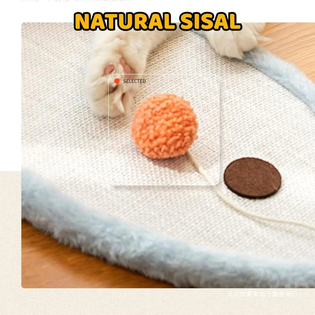 White wall-mounted cat scratching mat with sleeping cat cartoon design on natural sisal material