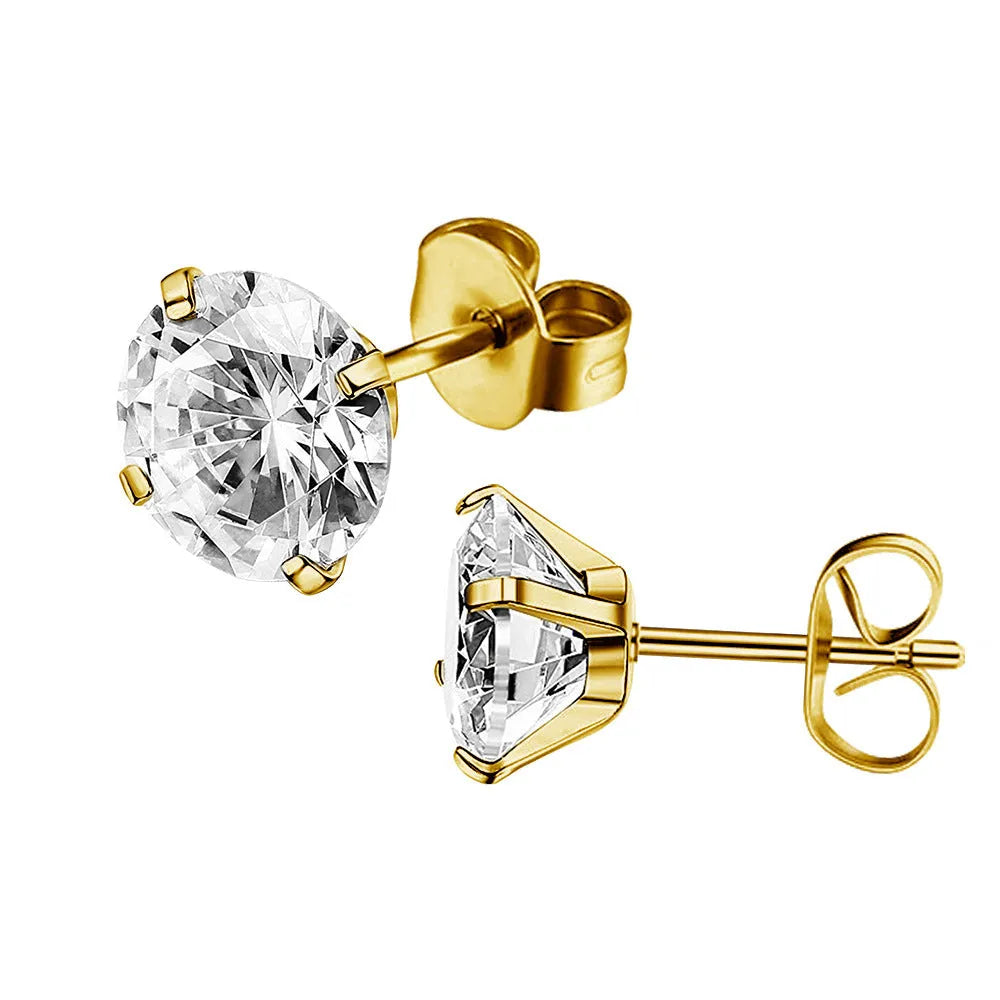 Stainless steel square geometric stud earrings with round zircon stones in gold and steel colour, sizes 2mm to 8mm.