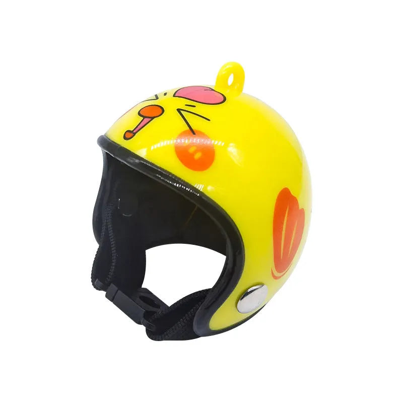 A small plastic pet helmet for chickens, showing one of the 12 design variants including rainbow, zodiac, or smiley face prints.