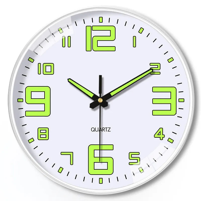 Modern 8 inch luminous wall clock with white numerals on a coloured plastic face.