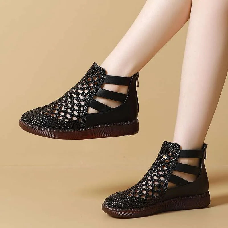 Gold women's sandals with hollow-out design and flat soft soles