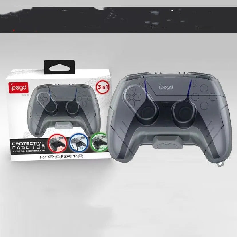 Transparent grey hard plastic game controller storage case showing inside space for controller