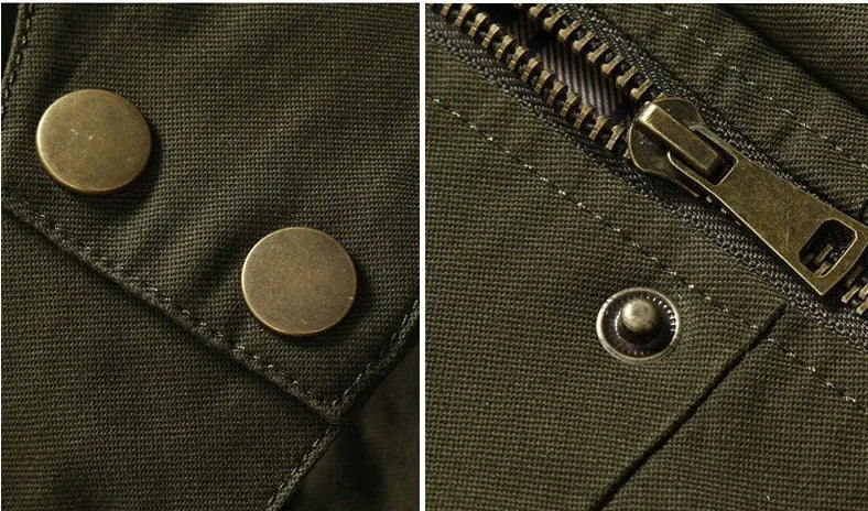 Military style mid length jacket in khaki with cardigan front and polyester fibre fabric