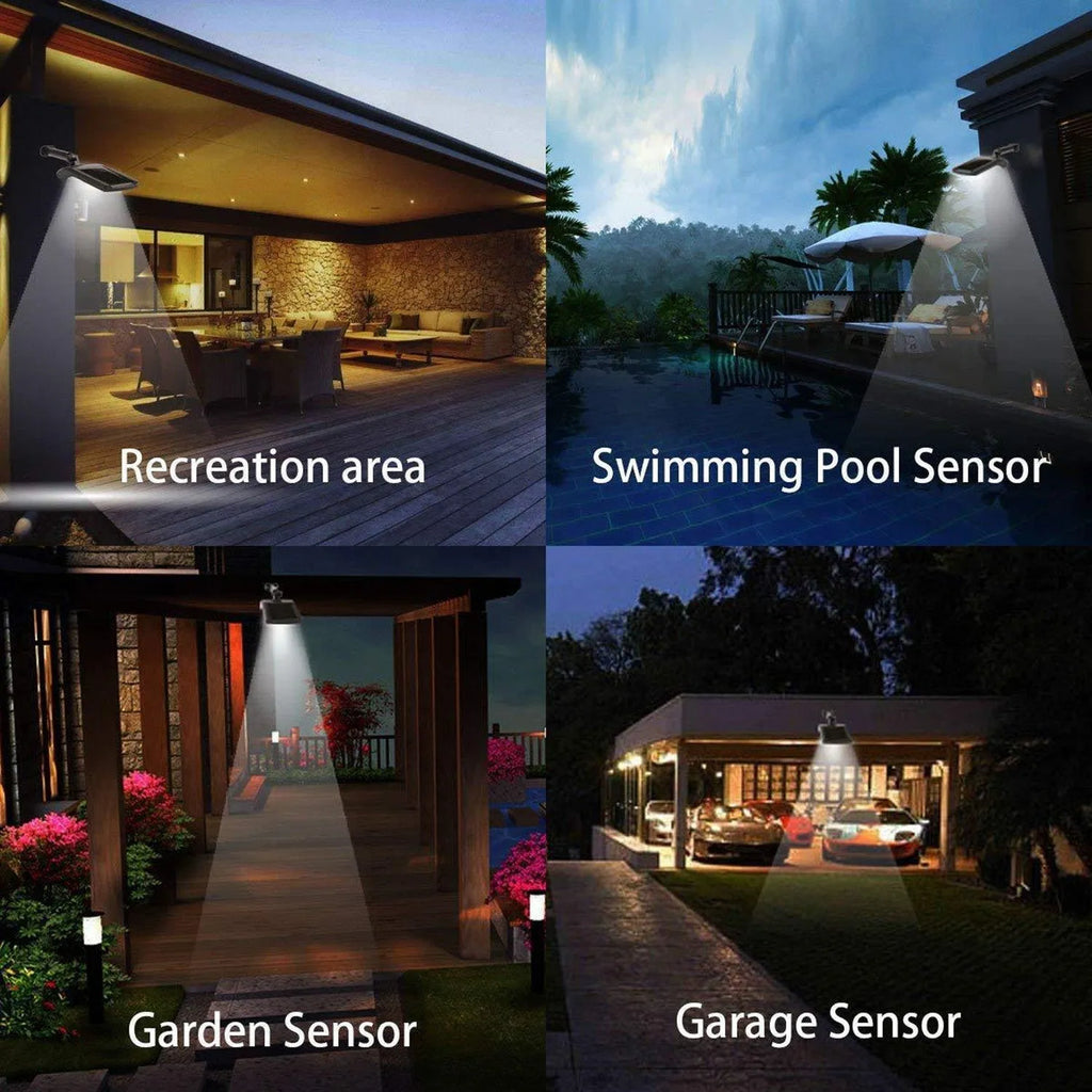 Black solar wall light with motion sensor, diamond-patterned housing, and adjustable solar panel