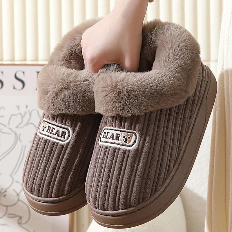 Winter warm house slippers with covered heel, cotton upper, artificial fur lining, and thick non-slip PVC sole in Coffee, Grey, Pink, and Wine Red.