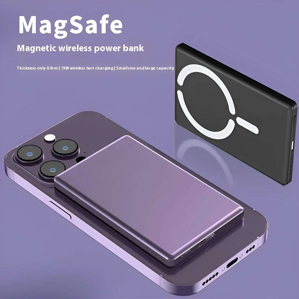 Ultra-thin 9mm magnetic power bank in dark grey, silver, black or violet colours