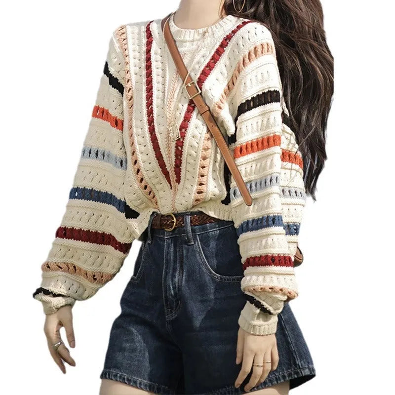 Colourful rainbow striped hollow knit sweater with batwing sleeves and round neck