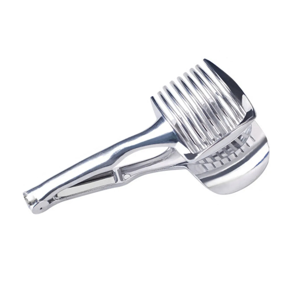 Silver-coloured plastic foldable lemon slicer kitchen gadget for cutting fruits and cakes