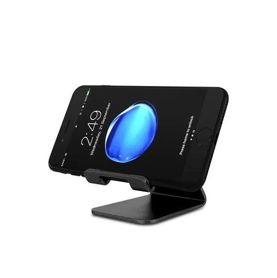 Aluminium alloy adjustable mobile phone tablet stand in black on a desk