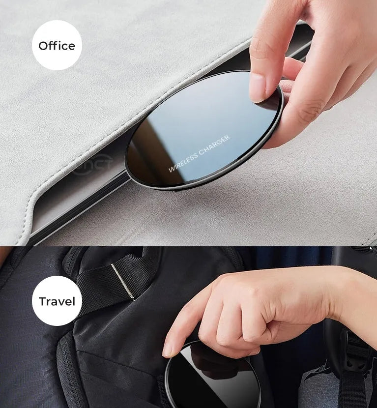 Black QI wireless charging pad with smooth plastic surface and silicone non-slip base