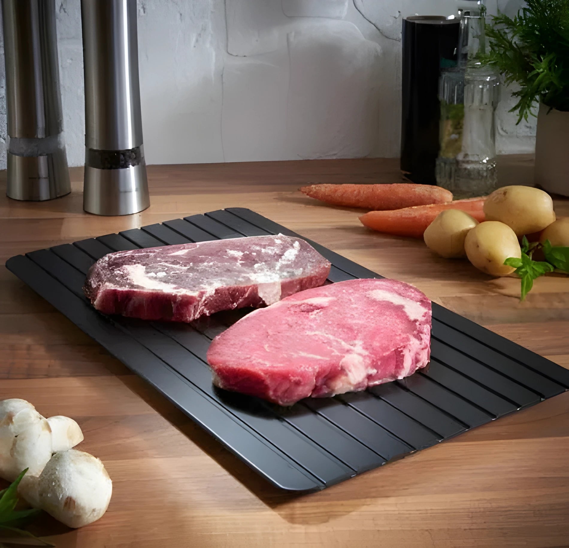 Black aluminium fast defrosting tray for kitchen use on a countertop