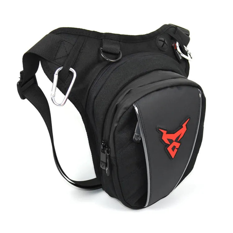 Motorcycle rider's leg bag in 1200D Oxford cloth shown in blue, with crossbody strap.