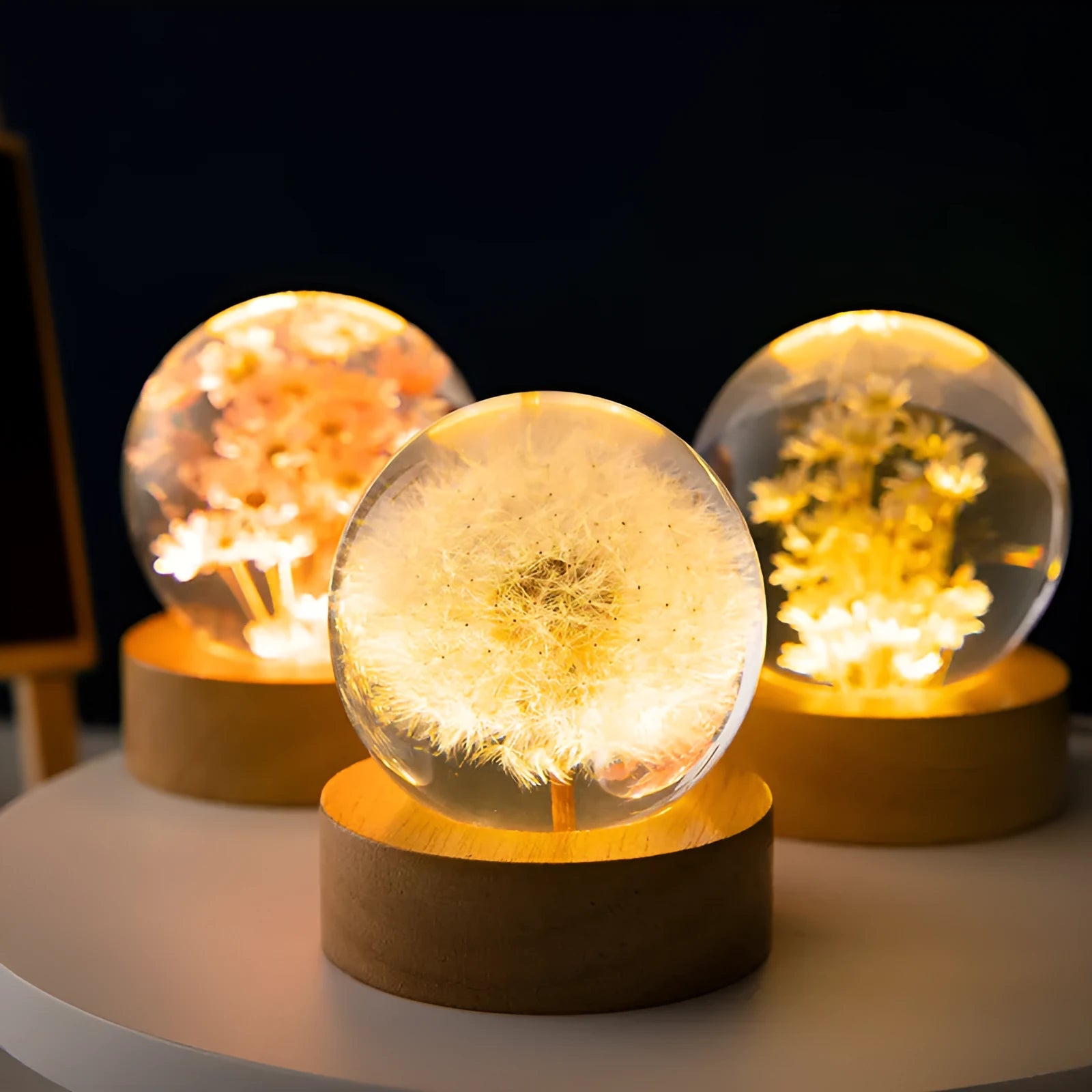 3D dandelion eternal flower night light in resin crystal ball on beech wood stand.