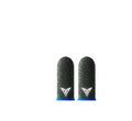A pair of green gaming thumb sleeves made from silver fibre yarn with a reflective 3M logo.