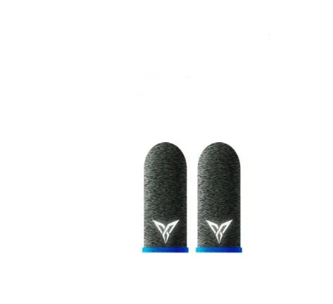 A pair of green gaming thumb sleeves made from silver fibre yarn with a reflective 3M logo.
