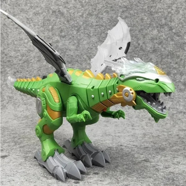 Intelligent robot toy dinosaur in white, spraying water mist with glowing light effects, walking on flat surface