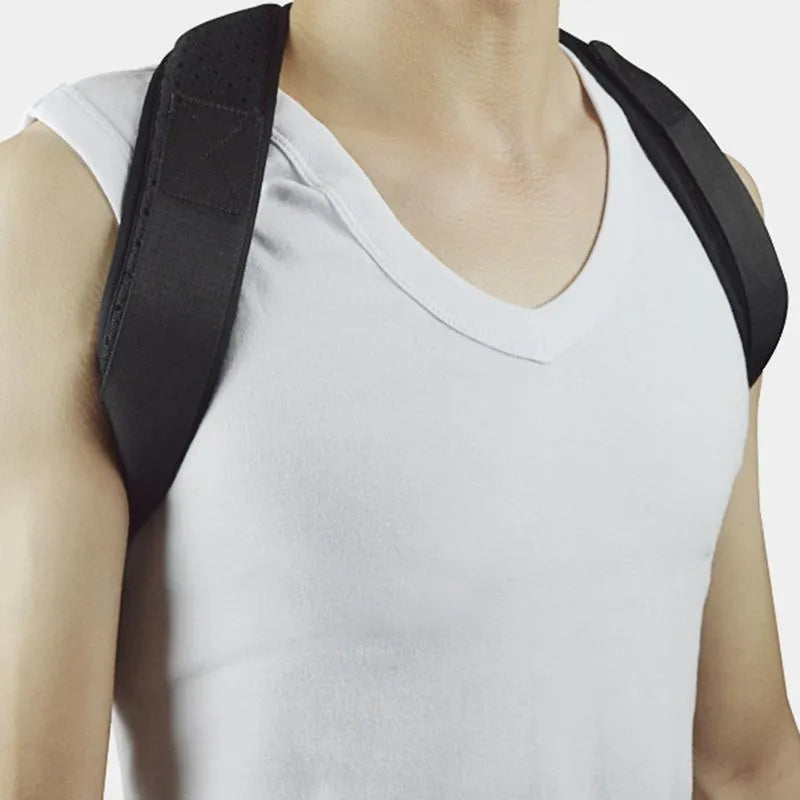 Black breathable posture correction belt with figure 8 design and adjustable straps on a plain background