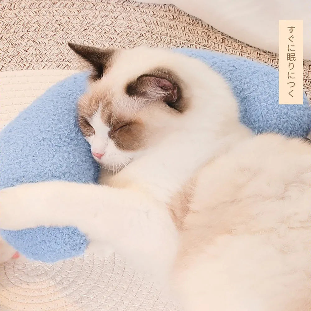 U-shaped cat pillow with adjustable collar in blue, khaki, white or yellow colours for pet cervical support