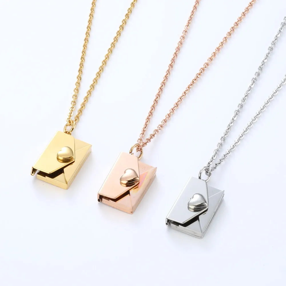 Titanium steel envelope pendant necklace with hidden compartment and O-ring chain