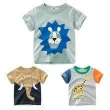 Boys' cotton T-shirt with a cool animal print, shown in sizes from 90cm to 140cm.