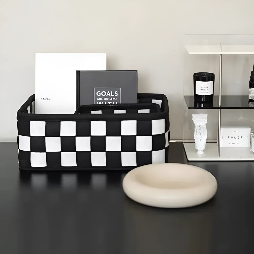 Checkerboard pattern woven felt storage basket folded and unfolded showing dimensions