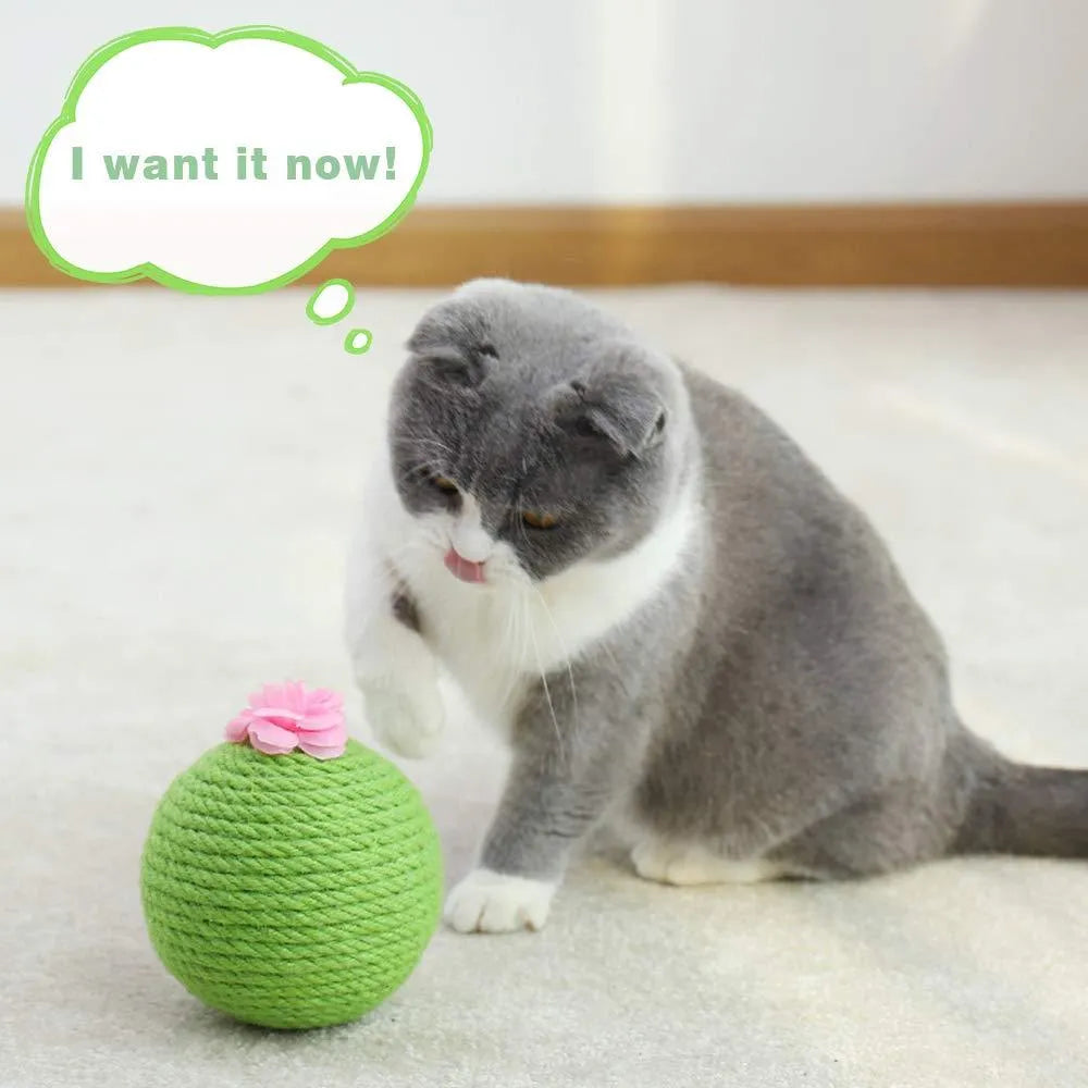 Green cactus-shaped cat scratcher with sisal scratching surfaces and attached tumbler balls containing catnip toys