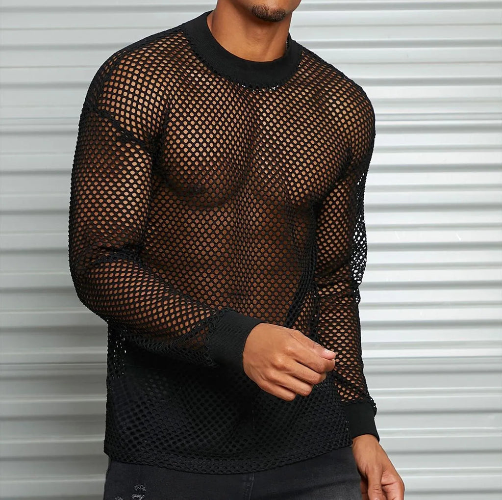 Black men's long sleeve mesh pullover shirt with drop shoulders and hollow design details