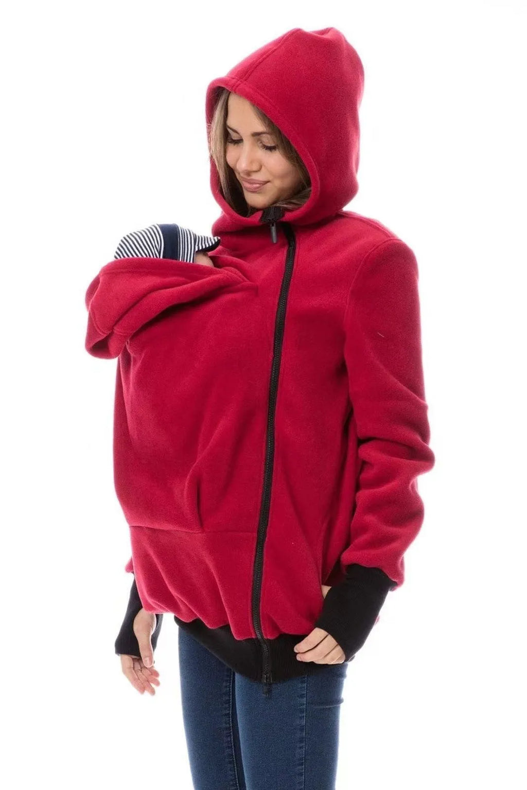 Red women's loose fit polar fleece sweater with long sleeves for autumn and winter.