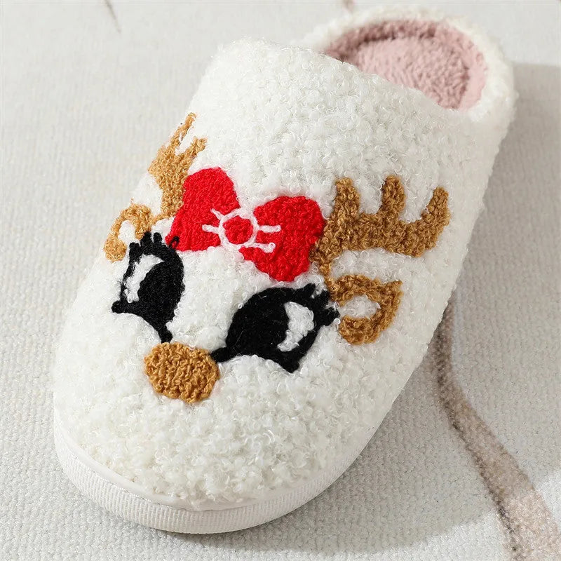 Christmas deer slippers for women, fox pattern, non-slip TPR sole, plush upper, round toe indoor home footwear