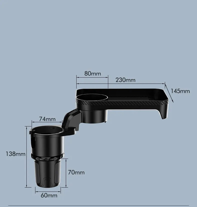 Black rotating car cup holder with dinner plate attachment shown in large and small size options.